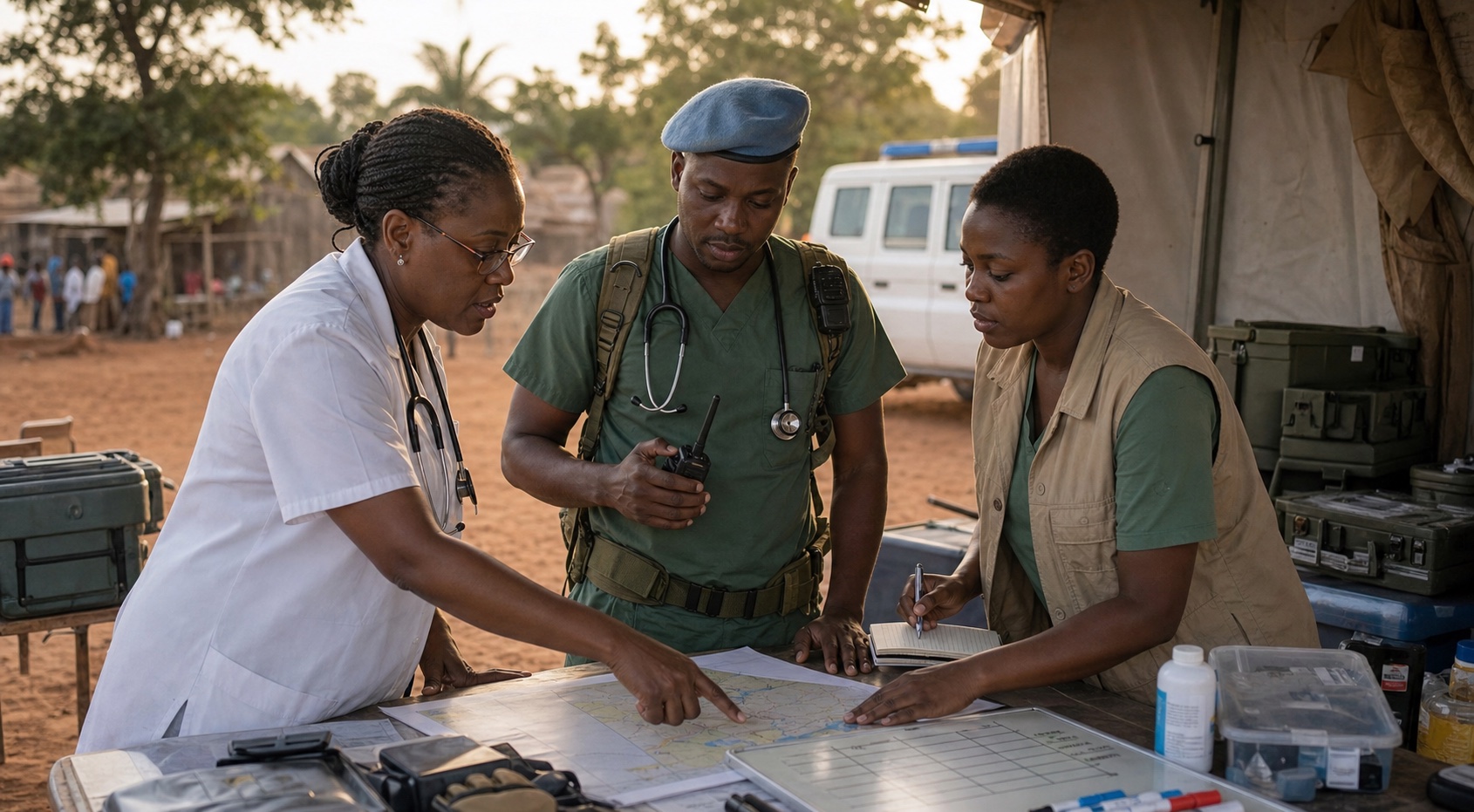 A West African field health team coordinating a peacekeeping medical operation